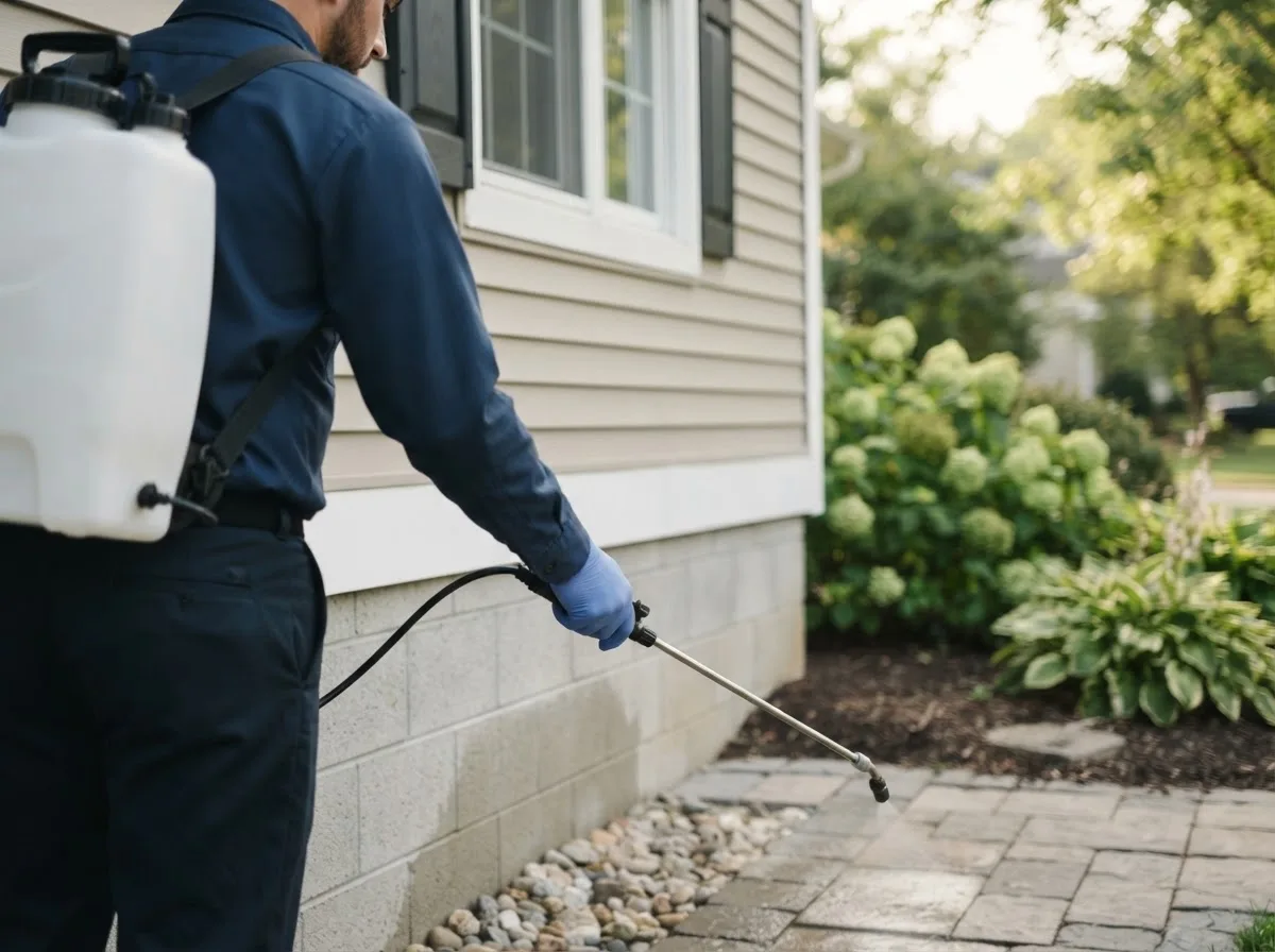Pest control technician inspecting a home in Franklin, NC